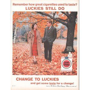 1960 Lucky Strike Cigarettes Vintage Print Ad Couple Walk in Park Fall Leaves